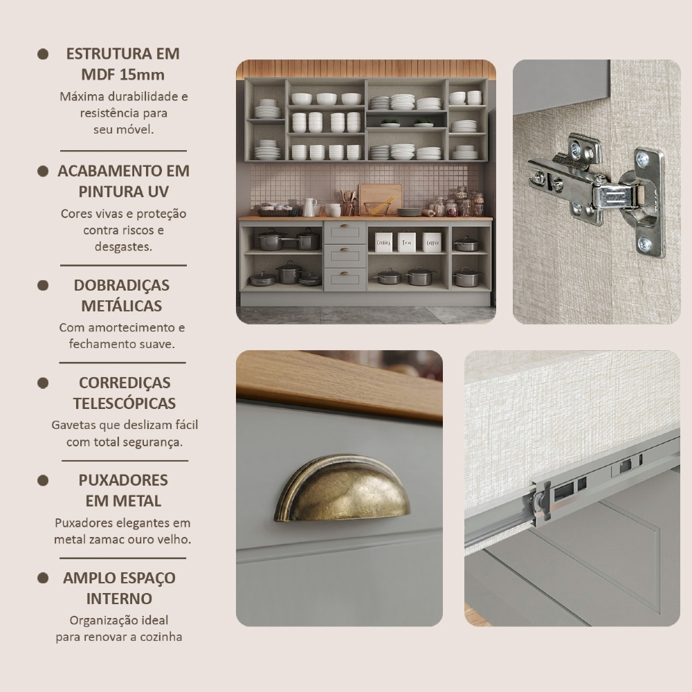 Armário de Cozinha 7 Peças Tampo CP29 Americana Cinza/Nature H02 - Mpozenato