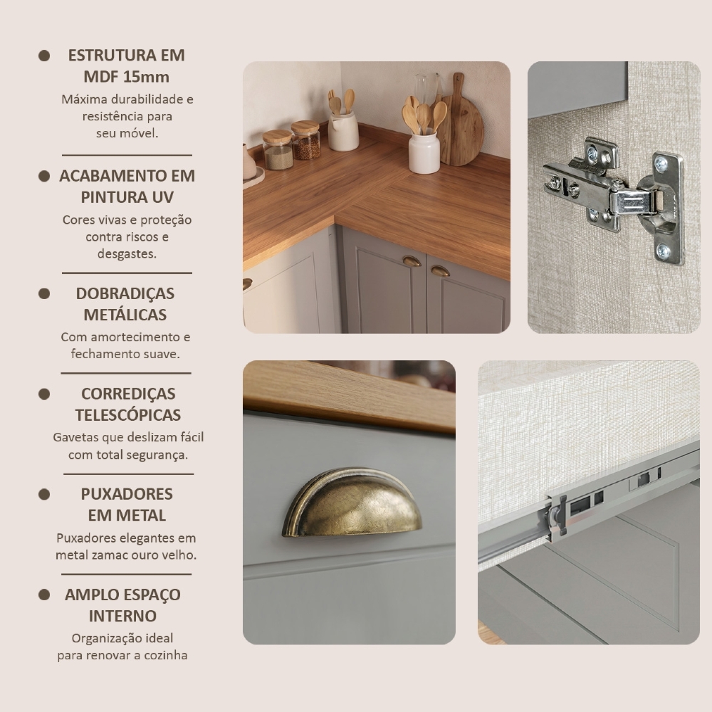 Armário de Cozinha 8 Peças Tampo CP30 Americana Cinza/Nature H02 - Mpozenato