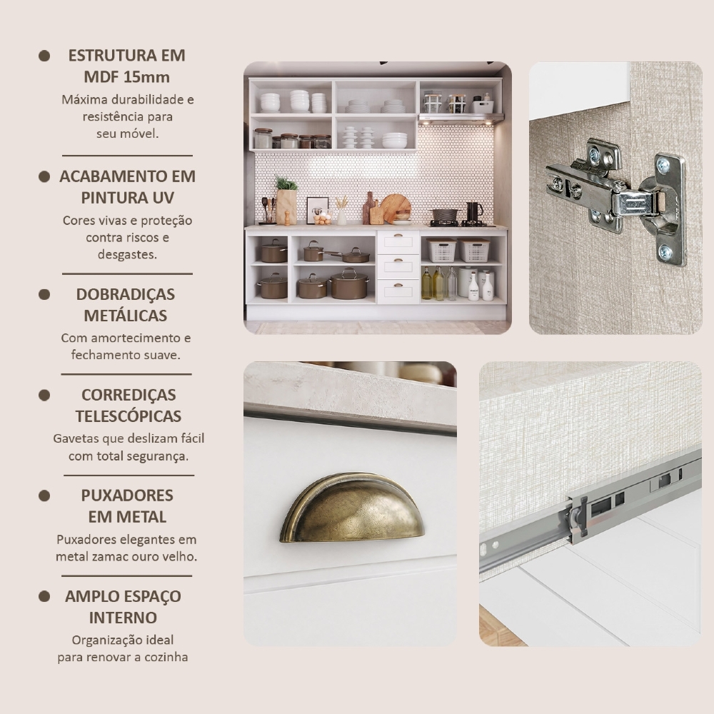 Armário de Cozinha 8 Peças Tampo CP31 Americana Branco/Calcare H02 - Mpozenato