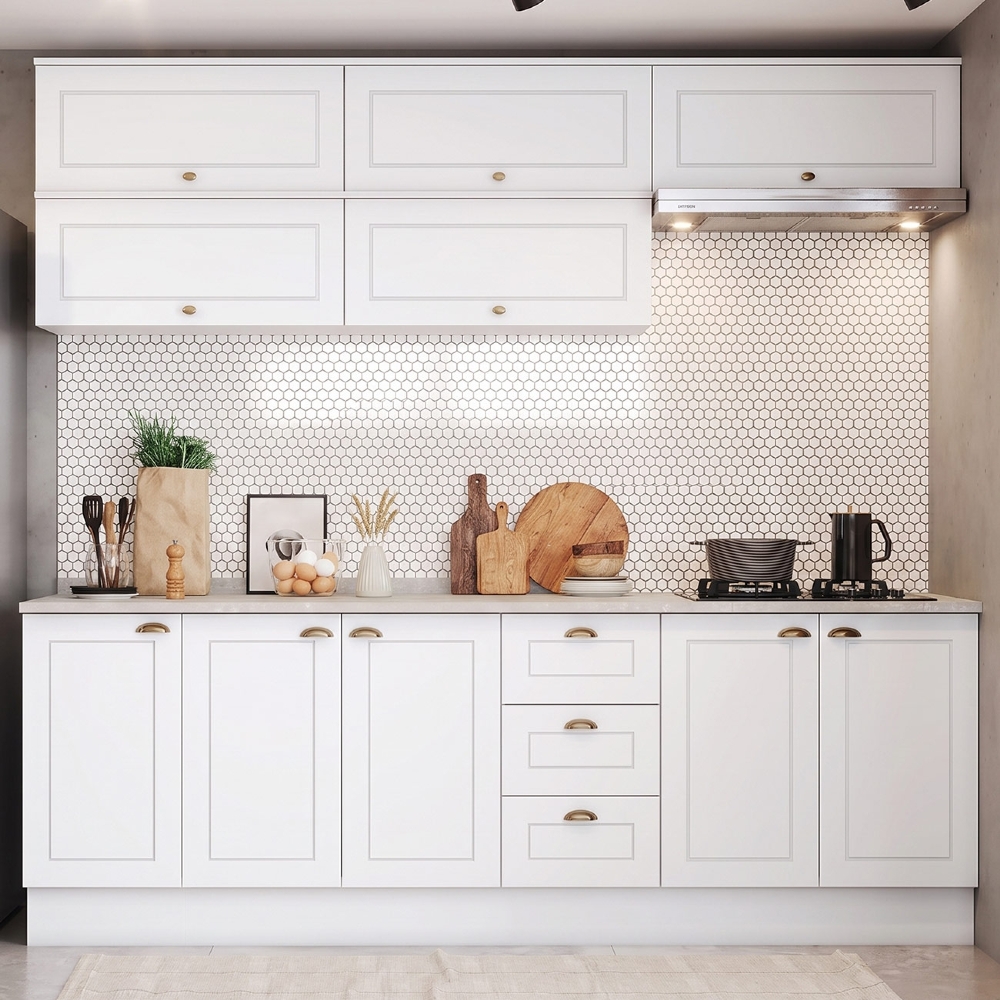 Armário de Cozinha 8 Peças Tampo CP31 Americana Branco/Calcare H02 - Mpozenato