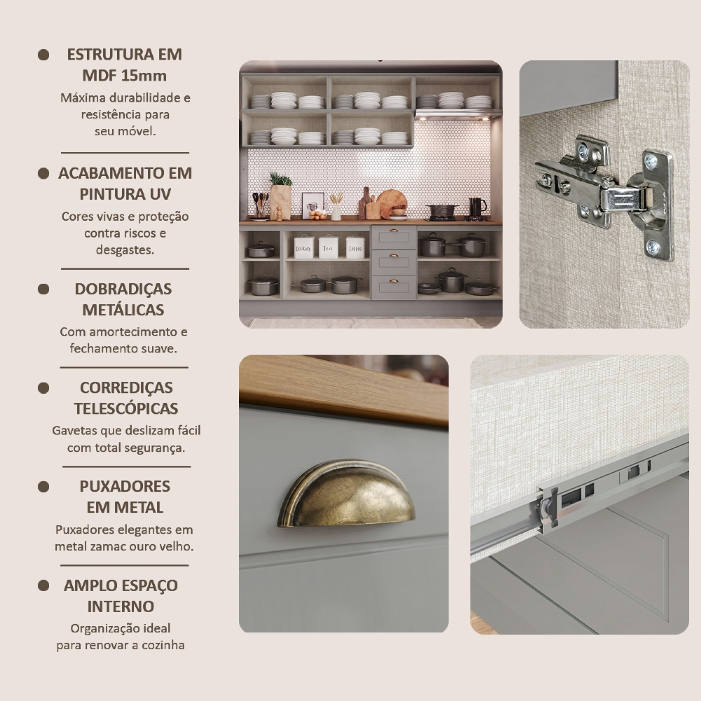 Armário de Cozinha 8 Peças Tampo CP31 Americana Cinza/Nature H02 - Mpozenato