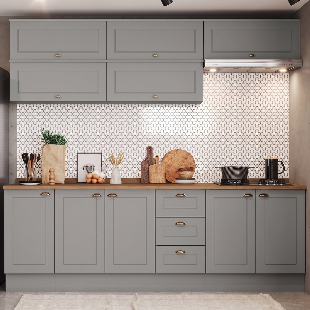 Armário de Cozinha 8 Peças Tampo CP31 Americana Cinza/Nature H02 - Mpozenato