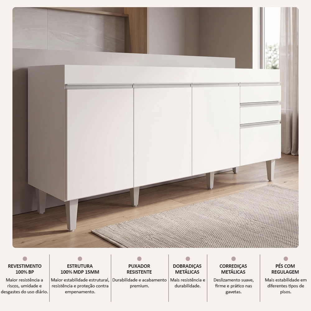 Balcão Gabinete 160cm Sem Tampo 4 Portas 2 Gavetas Arkansas Branco - Lumil Móveis
