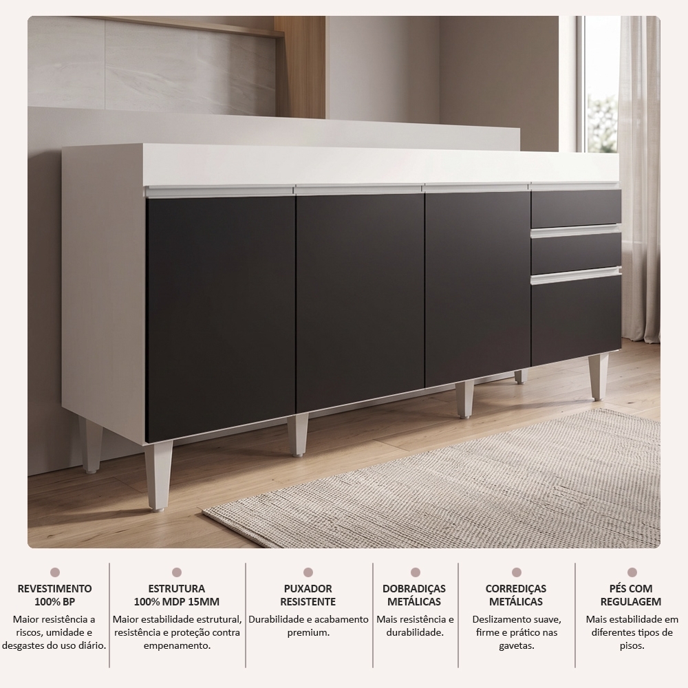 Balcão Gabinete 160cm Sem Tampo 4 Portas 2 Gavetas Arkansas Branco/Preto - Lumil Móveis