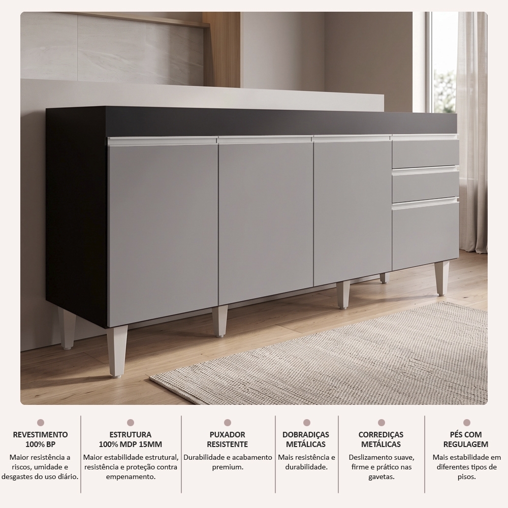 Balcão Gabinete 160cm Sem Tampo 4 Portas 2 Gavetas Arkansas Preto/Cinza - Lumil Móveis