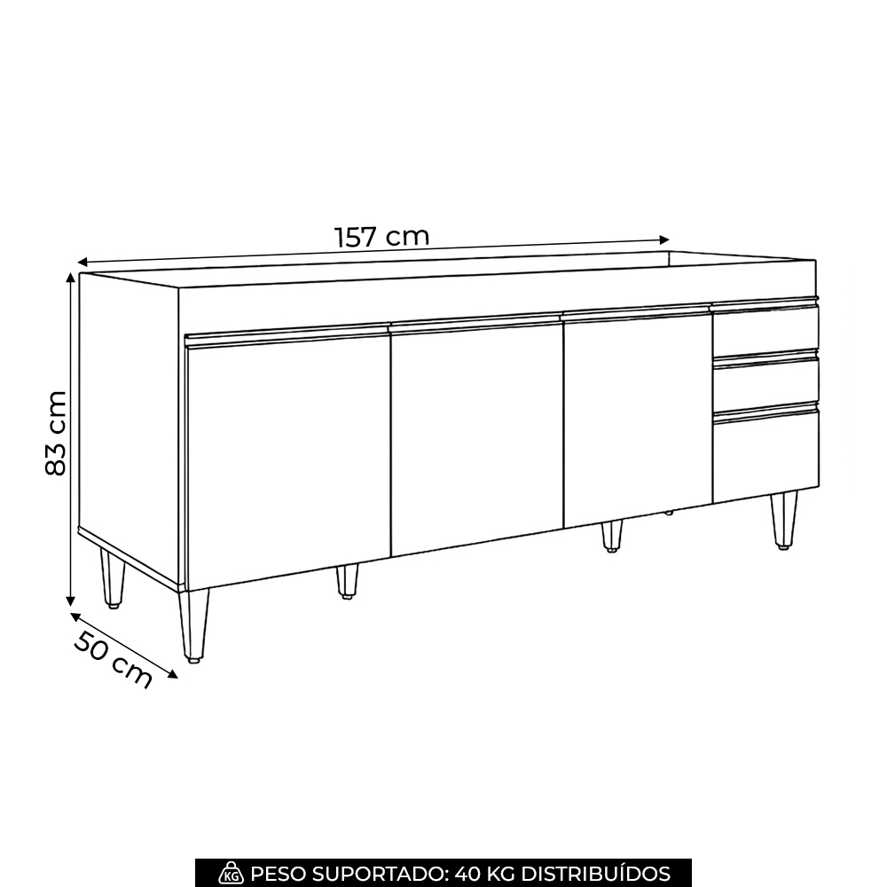 Balcão Gabinete 160cm Sem Tampo 4 Portas 2 Gavetas Arkansas Preto/Cinza - Lumil Móveis