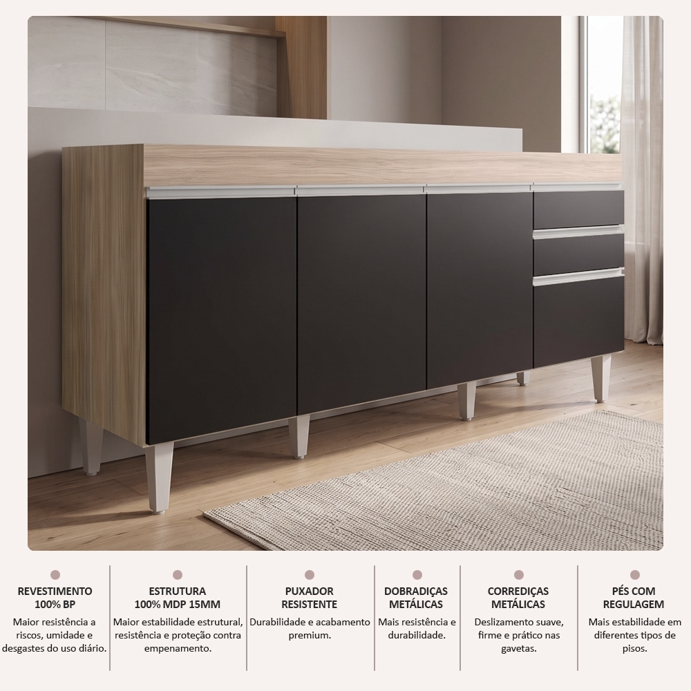 Balcão Gabinete 160cm Sem Tampo 4 Portas 2 Gavetas Arkansas Castanho/Preto - Lumil Móveis