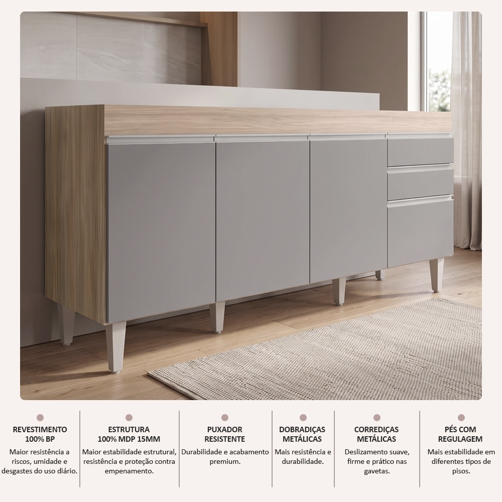 Balcão Gabinete 160cm Sem Tampo 4 Portas 2 Gavetas Arkansas Castanho/Cinza - Lumil Móveis