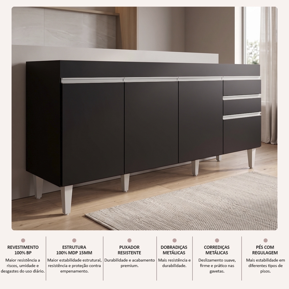 Balcão Gabinete 160cm Sem Tampo 4 Portas 2 Gavetas Arkansas Preto - Lumil Móveis