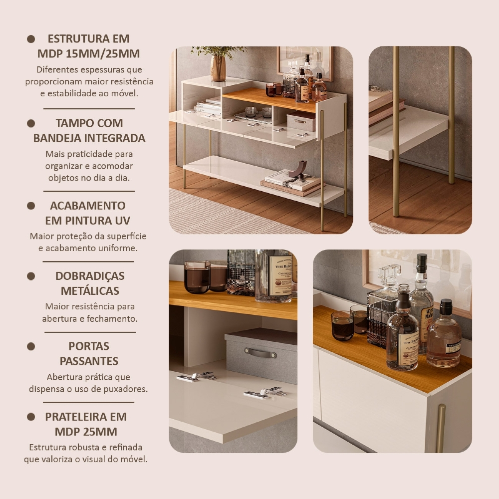 Aparador Sala 124cm 3 Portas Pé Metal Bally Cinamomo/Off Z10 - Mpozenato