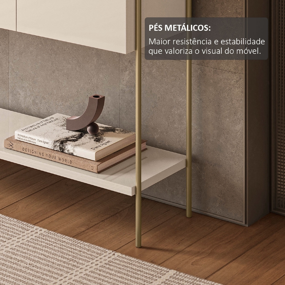 Aparador Sala 124cm 3 Portas Pé Metal Bally Cinamomo/Off Z10 - Mpozenato
