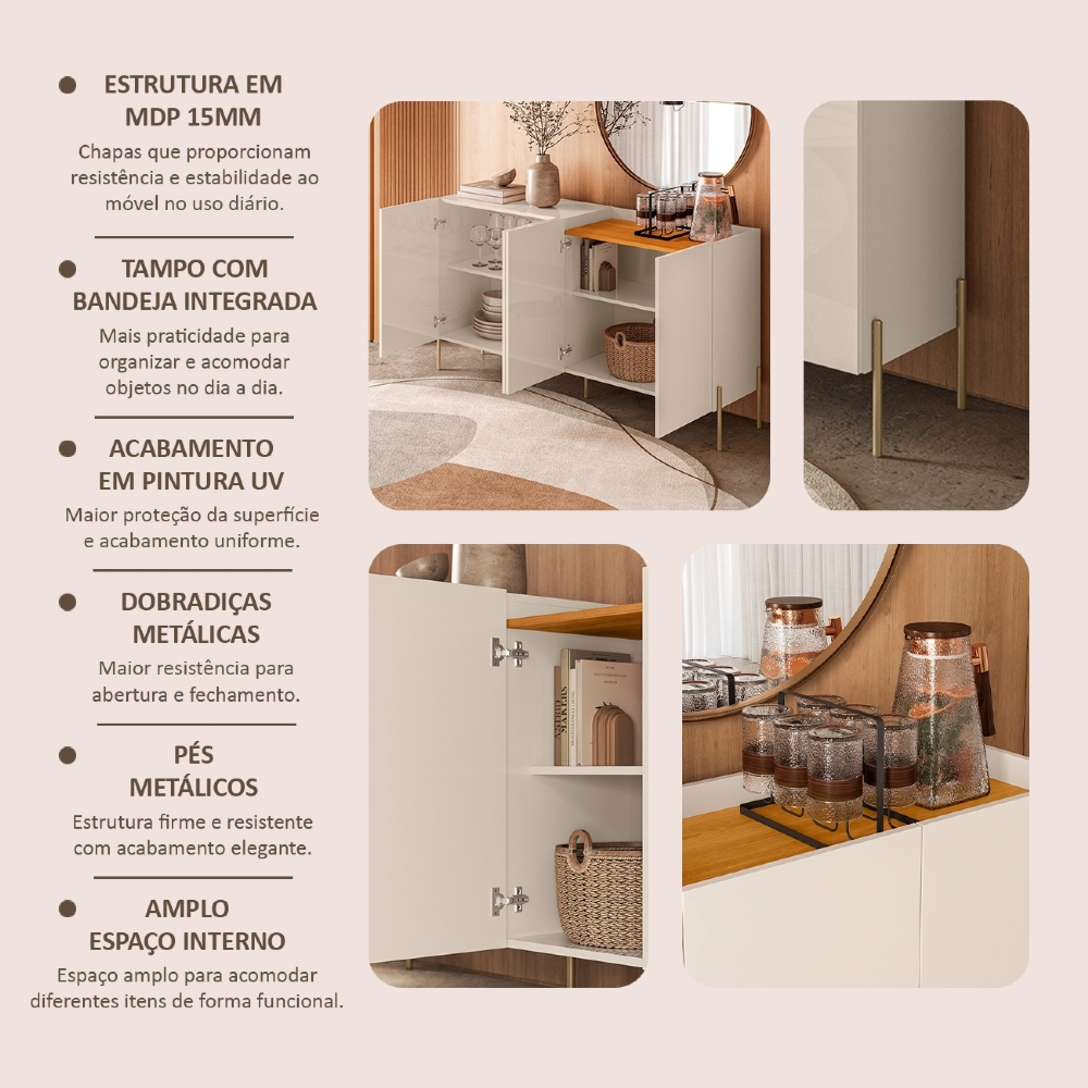 Buffet Aparador 150cm 4 Portas Pé Metal Giza Cinamomo/Off Z10 - Mpozenato