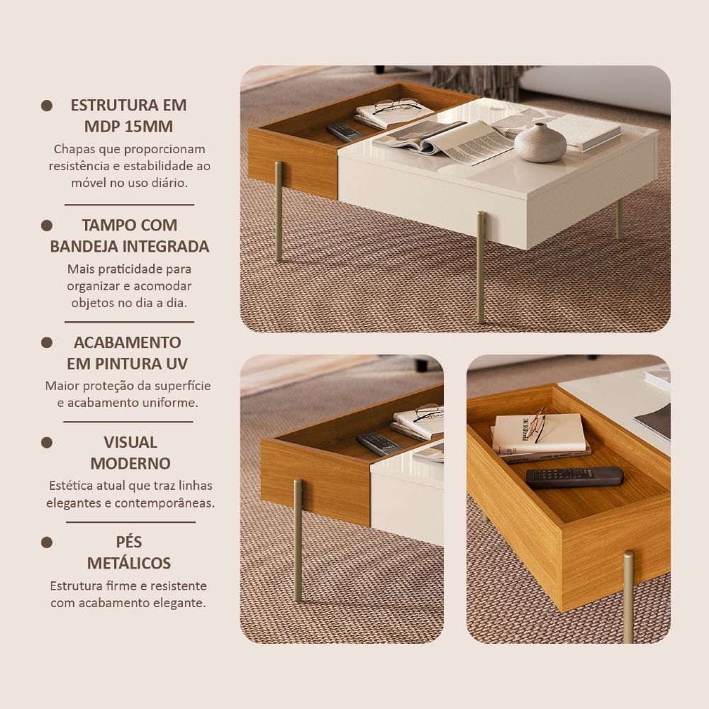 Mesa de Centro Para Sala 84cm Pé Metal Ninna Cinamomo/Off Z10 - Mpozenato