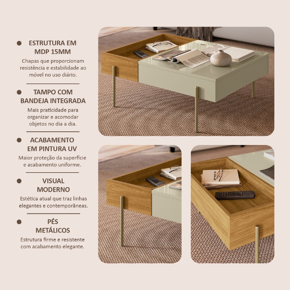 Mesa de Centro Para Sala 84cm Pé Metal Ninna Cumaru/Opala Z10 - Mpozenato