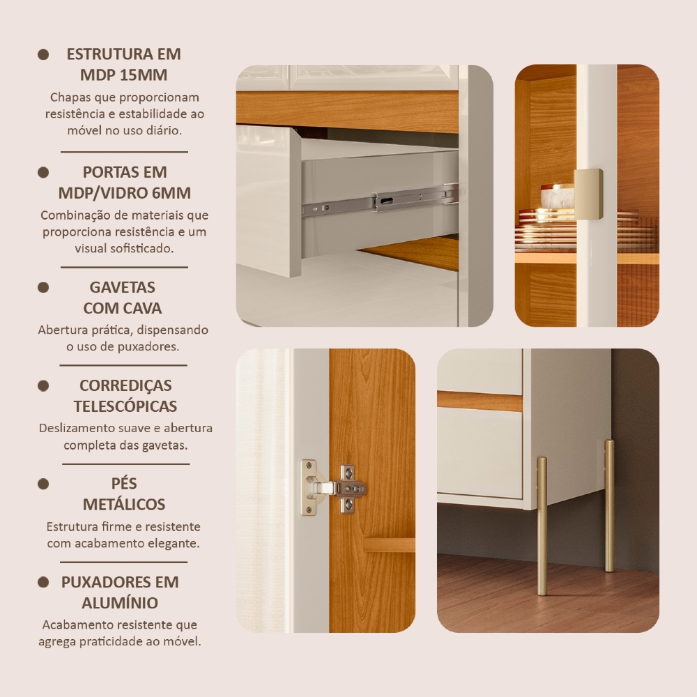 Cristaleira Portas de Vidro 75cm Pé Metal Trevis Cinamomo/Off Z10 - Mpozenato