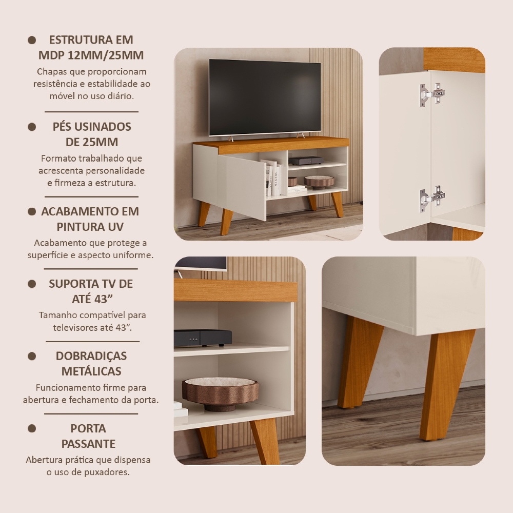 Rack TV 43 Pol 108cm 1 Porta Pés Retrô Ravena Cinamomo/Off Z10 - Mpozenato