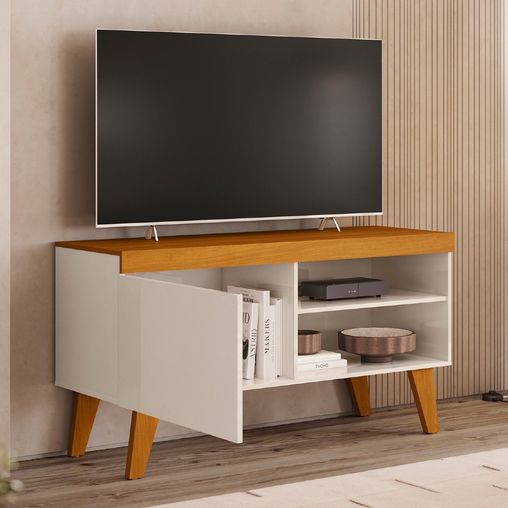 Rack TV 43 Pol 108cm 1 Porta Pés Retrô Ravena Cinamomo/Off Z10 - Mpozenato