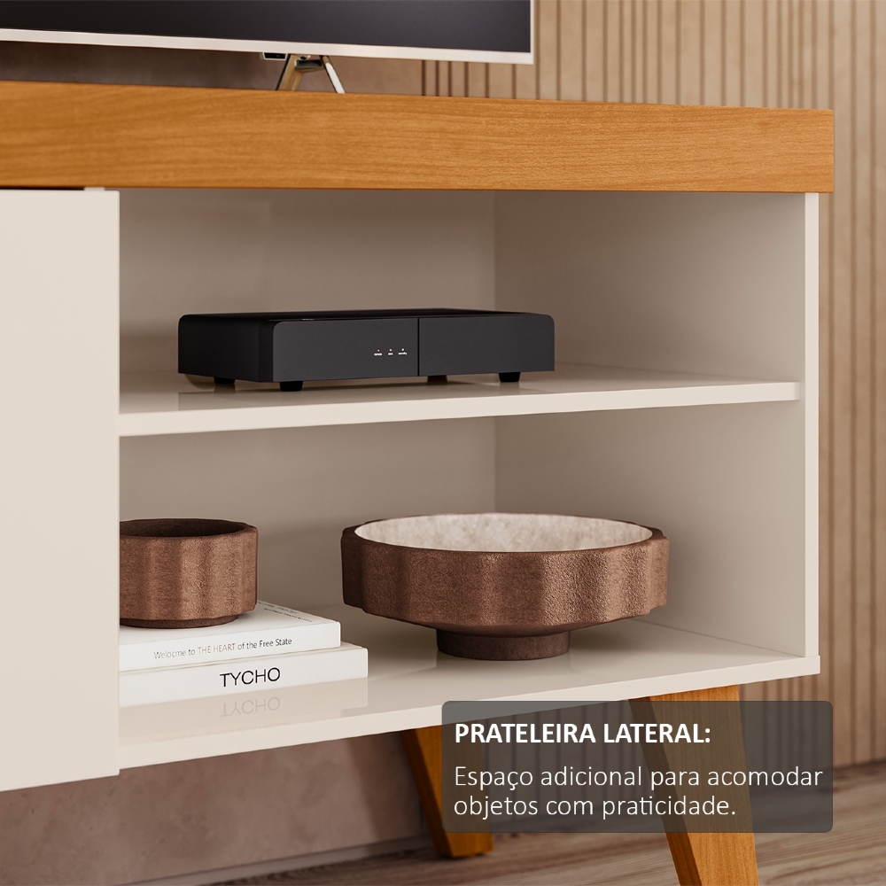 Rack TV 43 Pol 108cm 1 Porta Pés Retrô Ravena Cinamomo/Off Z10 - Mpozenato