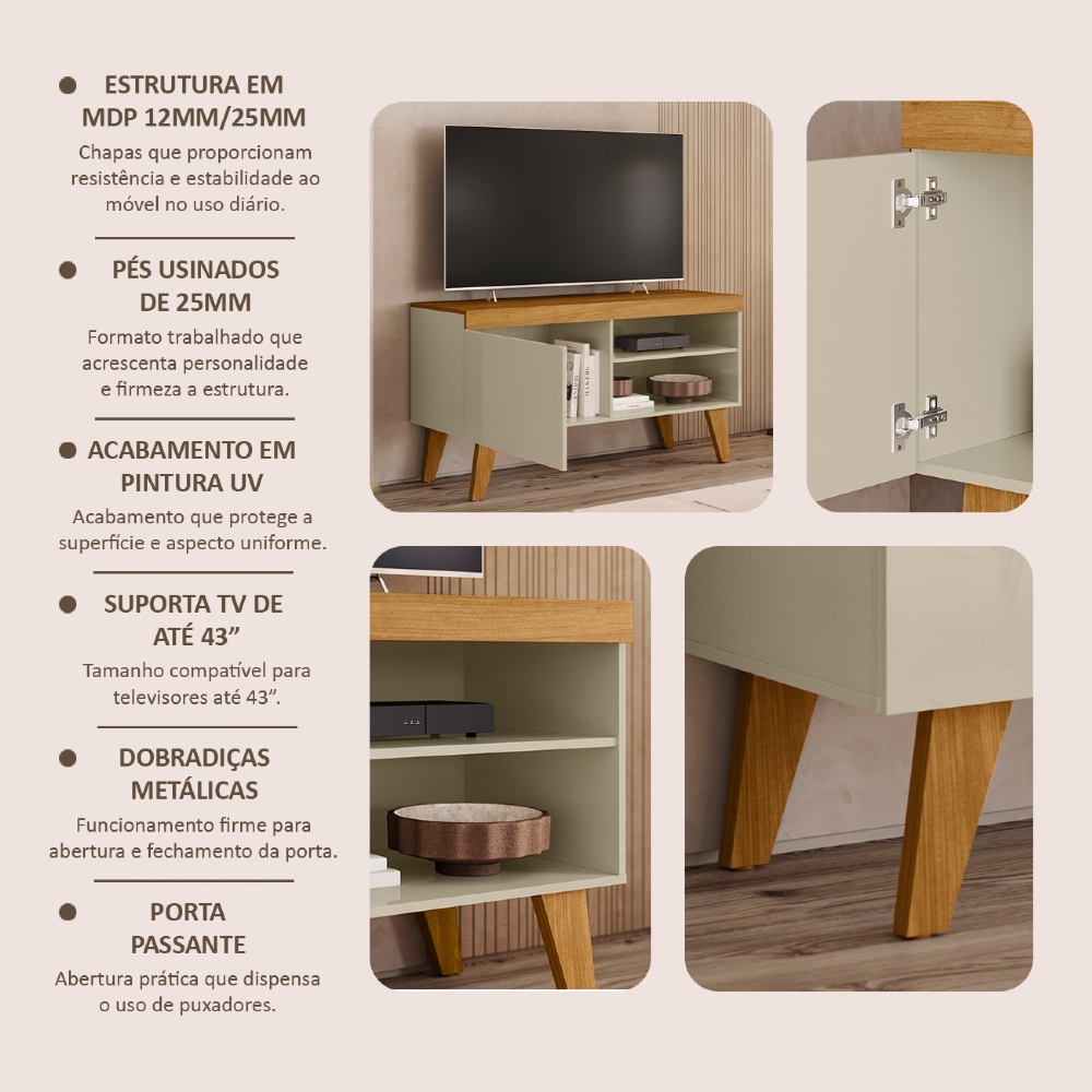 Rack TV 43 Pol 108cm 1 Porta Pés Retrô Ravena Cumaru/Opala Z10 - Mpozenato