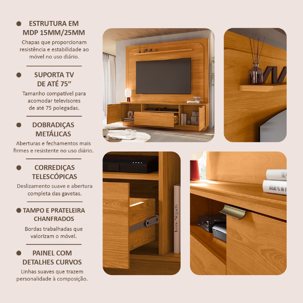 Estante Painel TV 75 Pol 200cm Oscar Cinamomo Z10 - Mpozenato