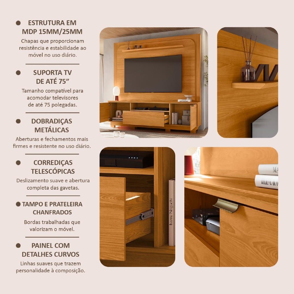 Estante Painel TV 75 Pol 200cm Com Pés Oscar Cinamomo Z10 - Mpozenato