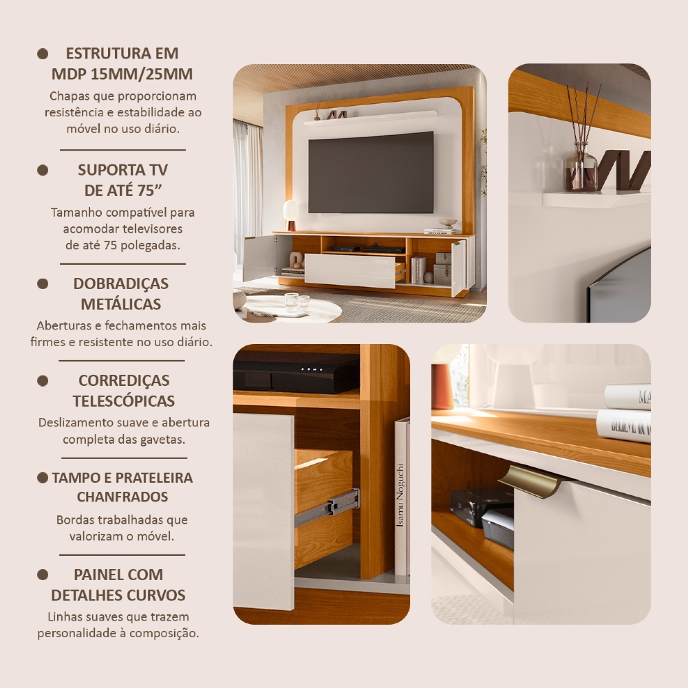 Estante Painel TV 75 Pol 200cm Oscar Cinamomo/Off Z10 - Mpozenato