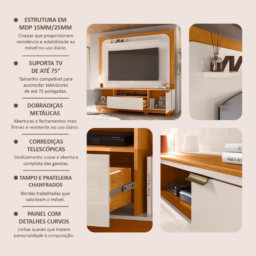 Estante Painel TV 75 Pol 200cm Com Pés Oscar Cinamomo/Off Z10 - Mpozenato