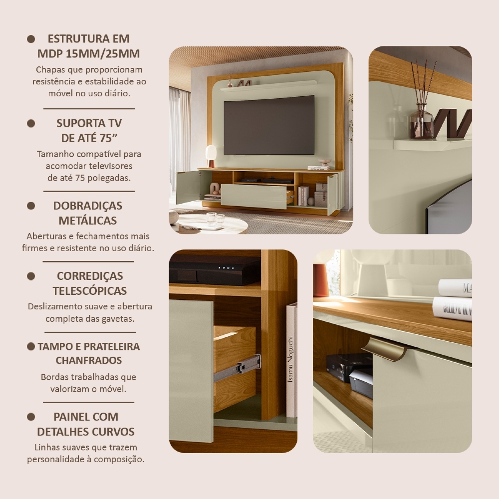 Estante Painel TV 75 Pol 200cm Oscar Cumaru/Opala Z10 - Mpozenato