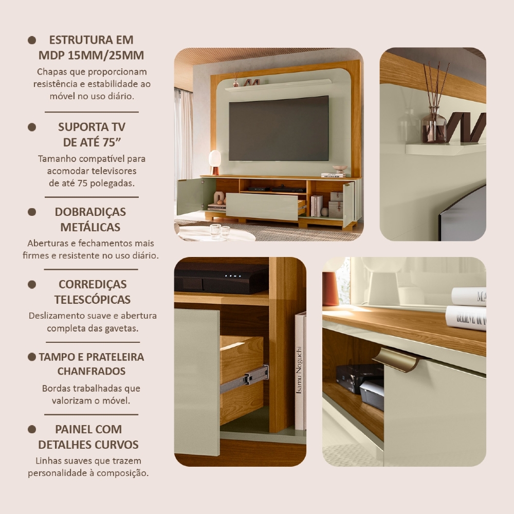 Estante Painel TV 75 Pol 200cm Com Pés Oscar Cumaru/Opala Z10 - Mpozenato