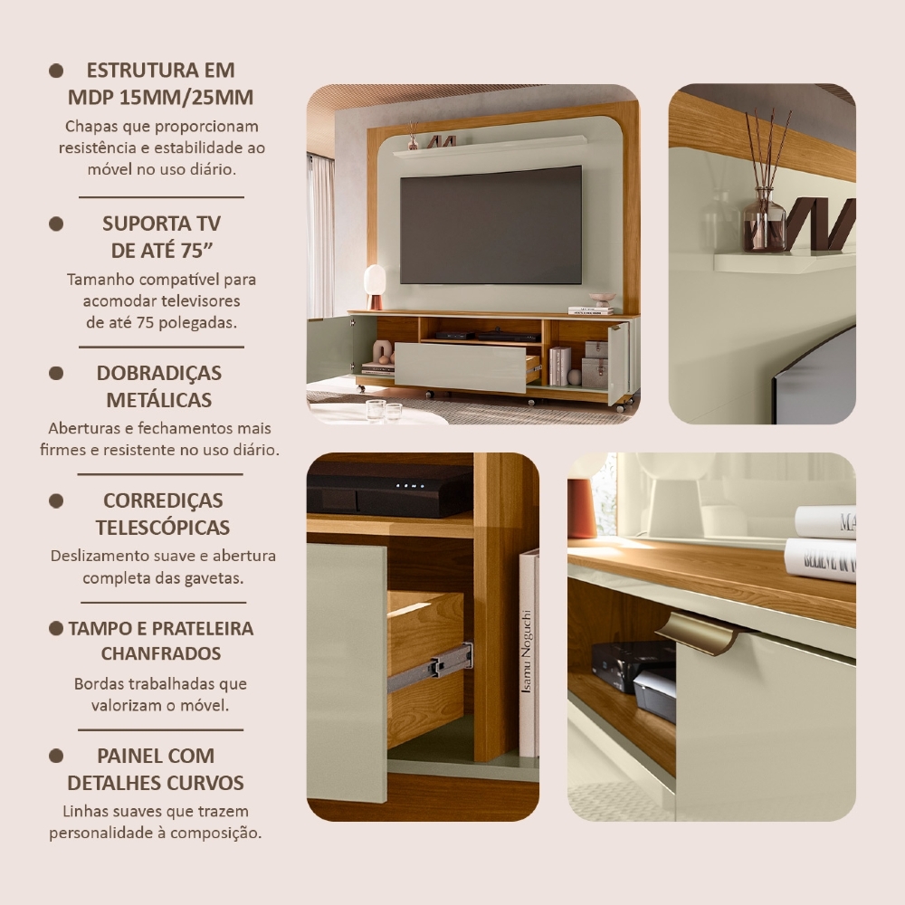Estante Painel TV 75 Pol 200cm Com Rodízios Oscar Cumaru/Opala Z10 - Mpozenato