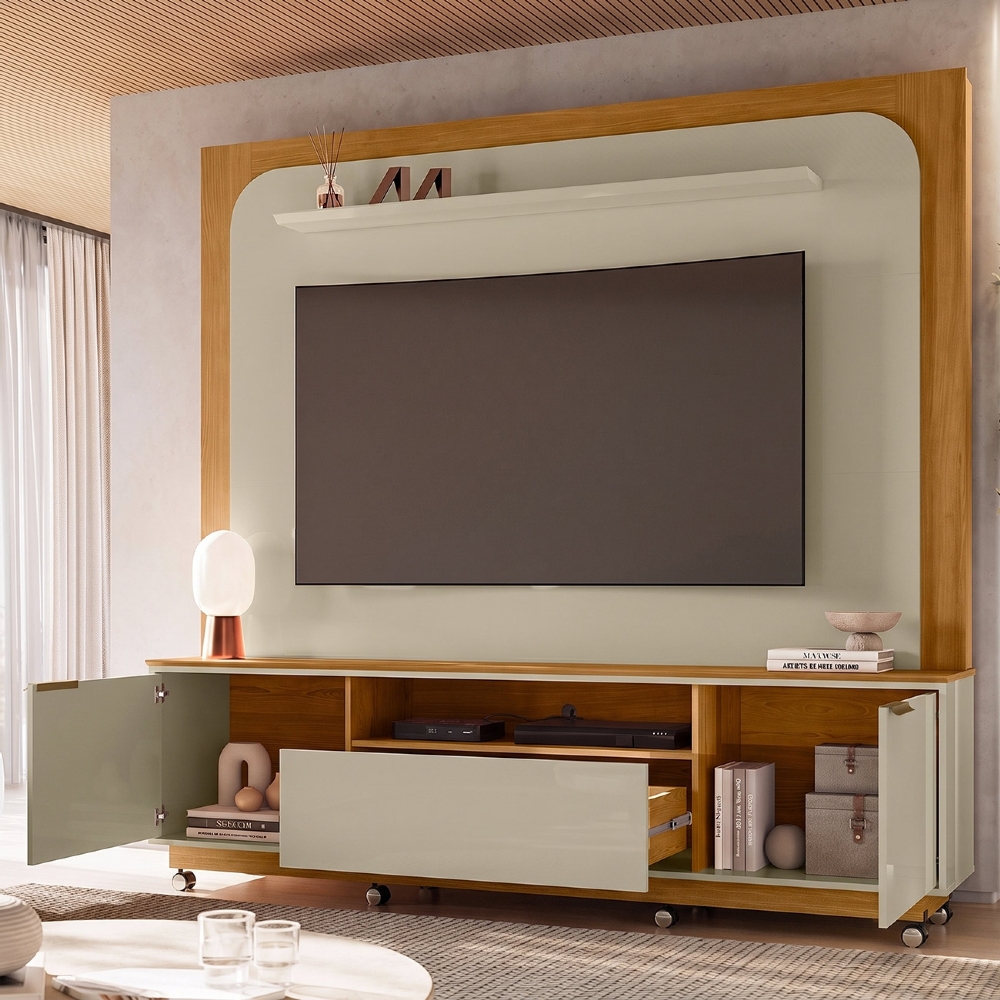 Estante Painel TV 75 Pol 200cm Com Rodízios Oscar Cumaru/Opala Z10 - Mpozenato