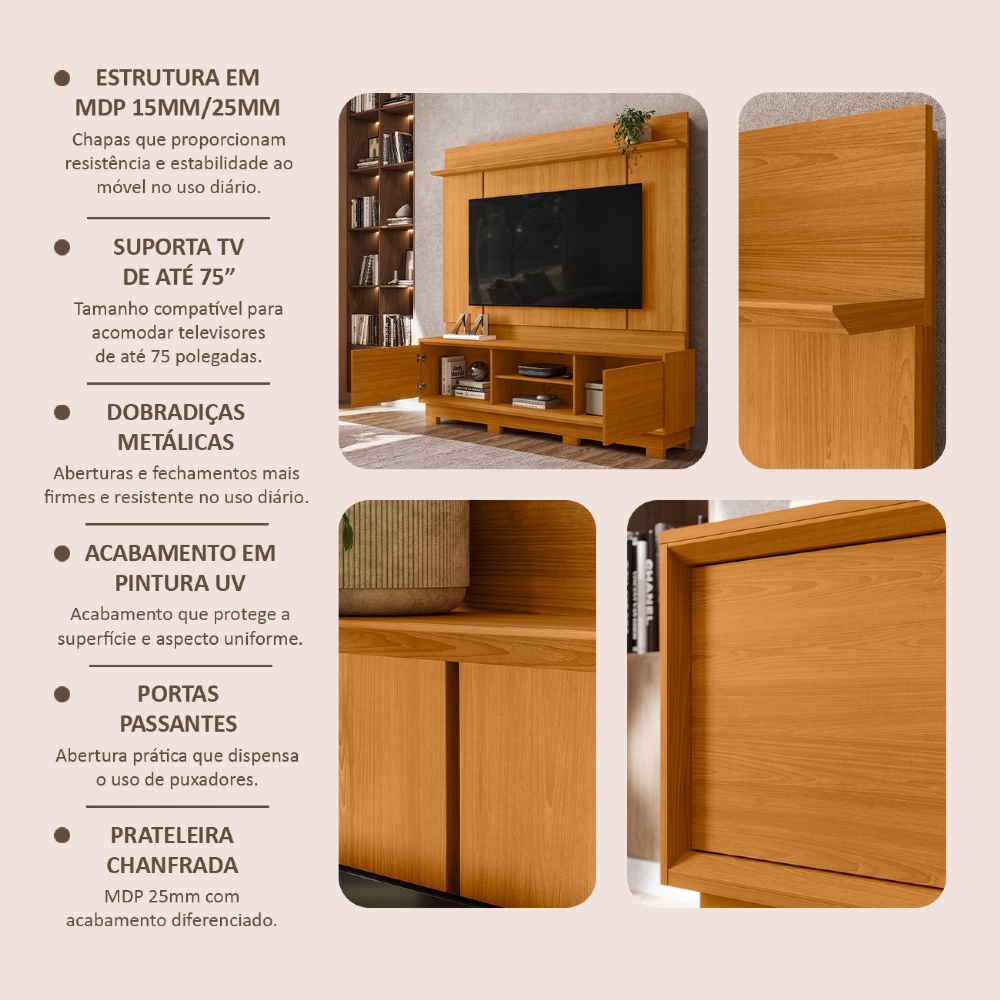 Estante Painel TV 75 Pol 184cm Com Pés Dara Cinamomo Z10 - Mpozenato
