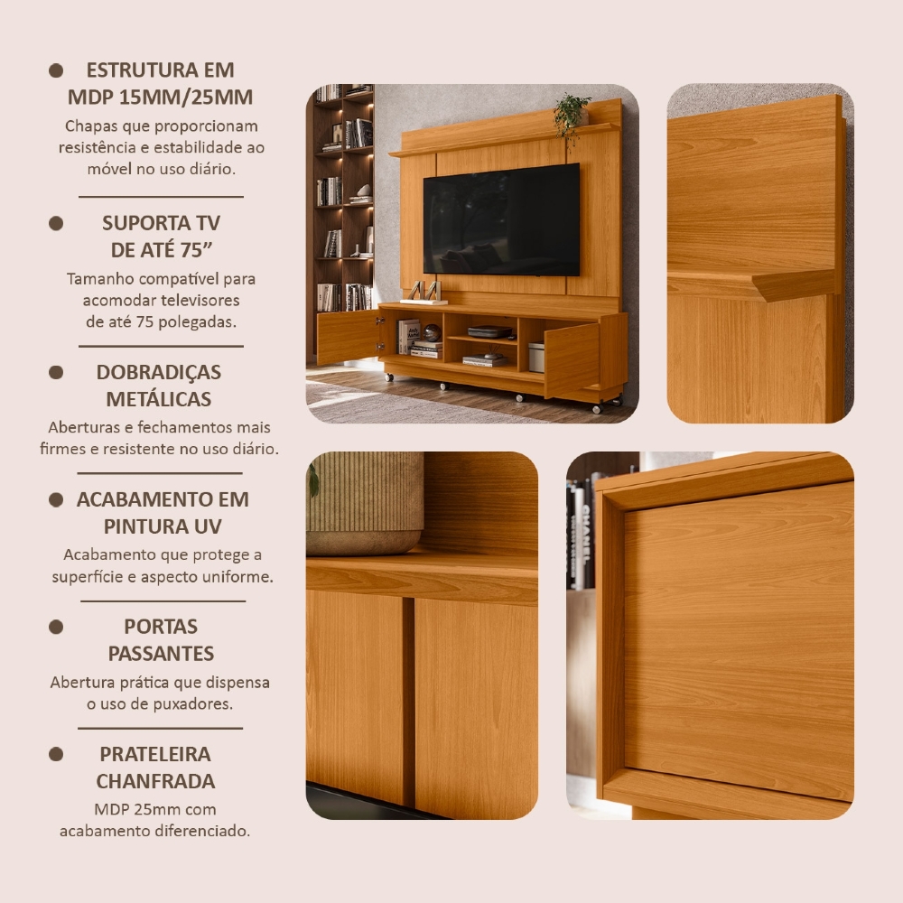 Estante Painel TV 75 Pol 184cm Com Rodízios Dara Cinamomo Z10 - Mpozenato