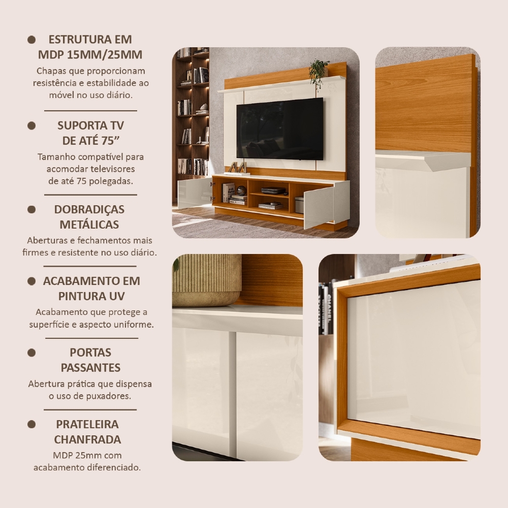 Estante Painel TV 75 Pol 184cm Dara Cinamomo/Off Z10 - Mpozenato