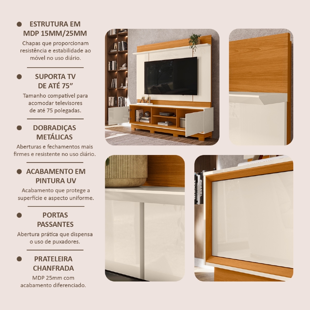 Estante Painel TV 75 Pol 184cm Com Pés Dara Cinamomo/Off Z10 - Mpozenato