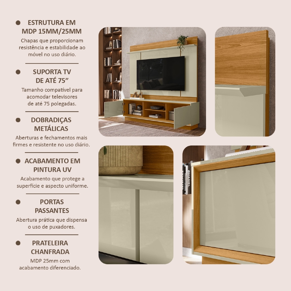 Estante Painel TV 75 Pol 184cm Dara Cumaru/Opala Z10 - Mpozenato