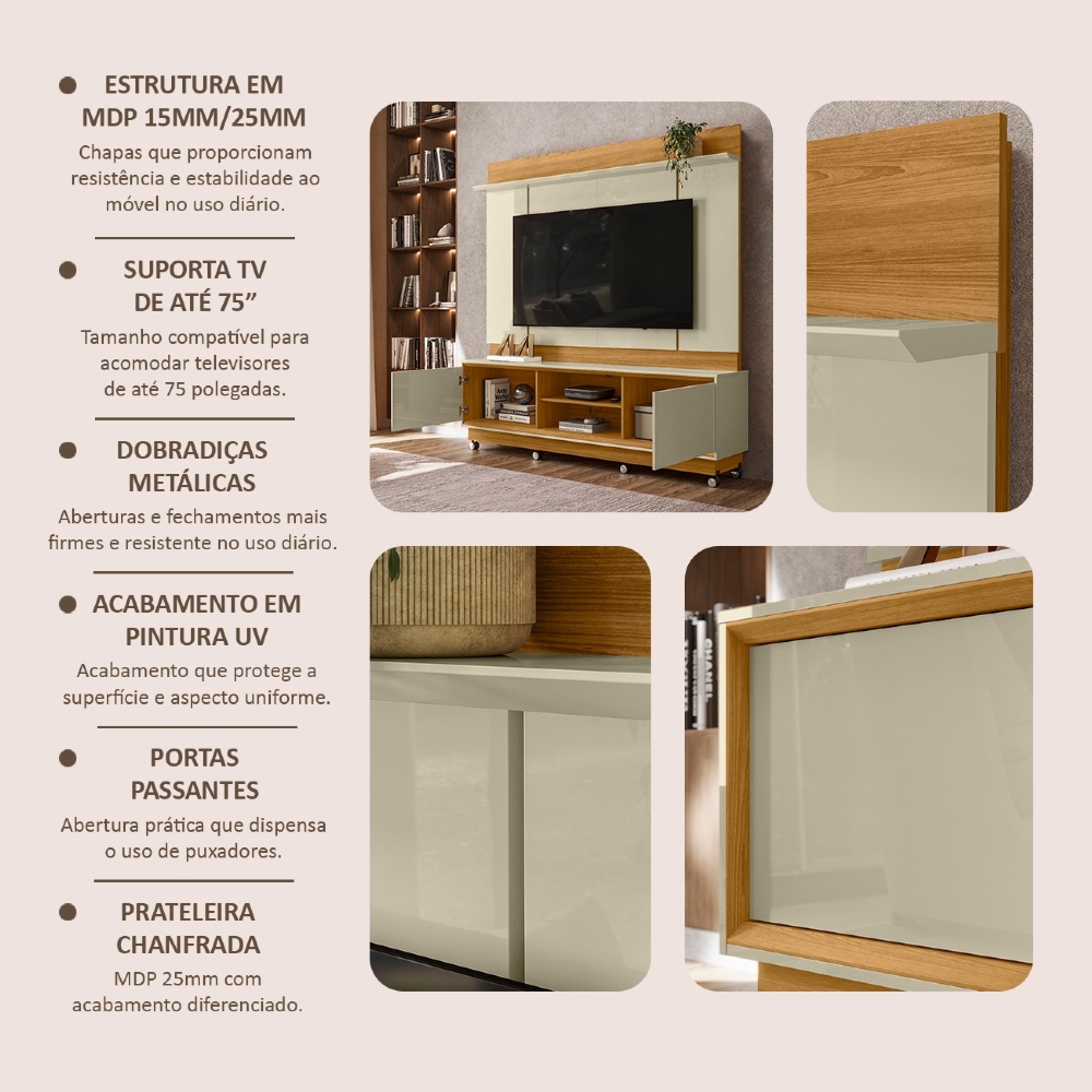 Estante Painel TV 75 Pol 184cm Com Rodízios Dara Cumaru/Opala Z10 - Mpozenato