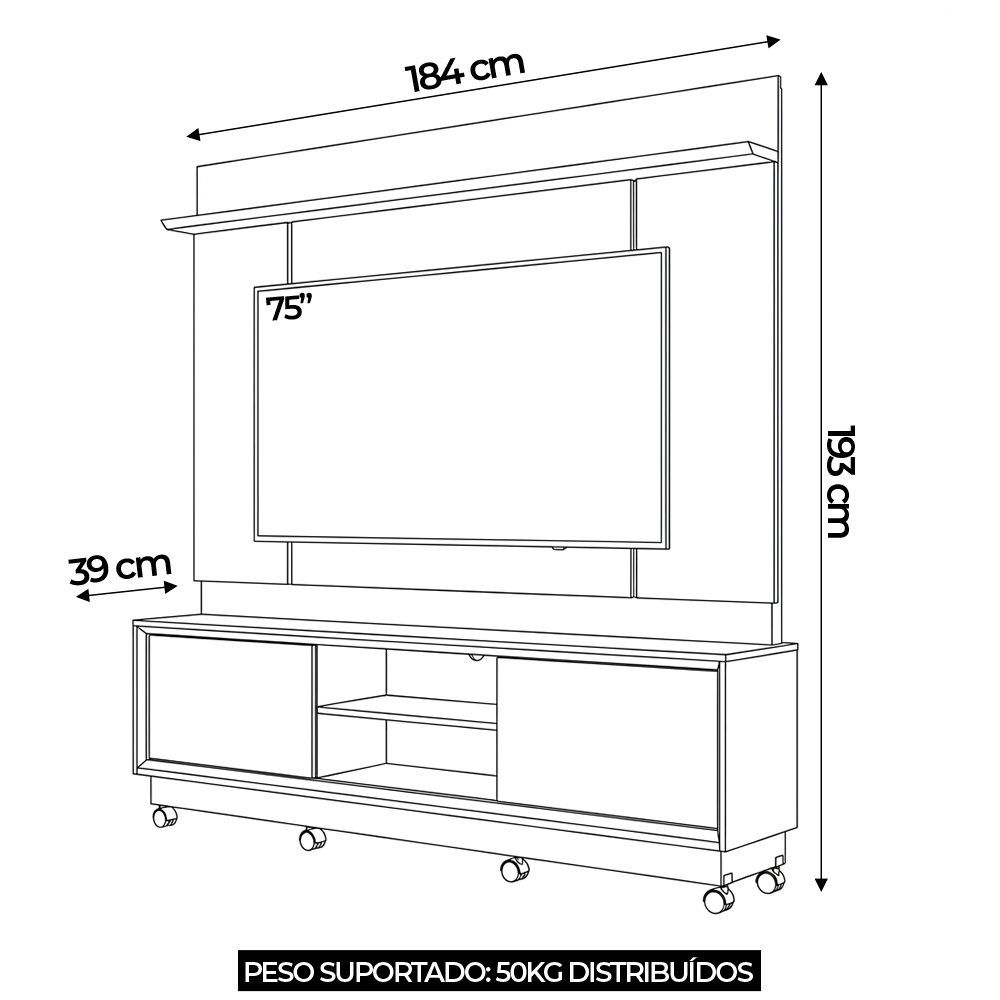 Estante Painel TV 75 Pol 184cm Com Rodízios Dara Cumaru/Opala Z10 - Mpozenato