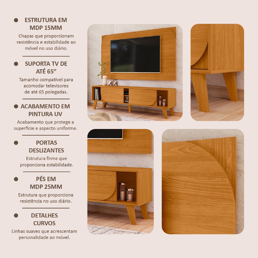 Painel TV 75 Pol 182cm e Rack Sala Retrô Aran Cinamomo Z10 - Mpozenato