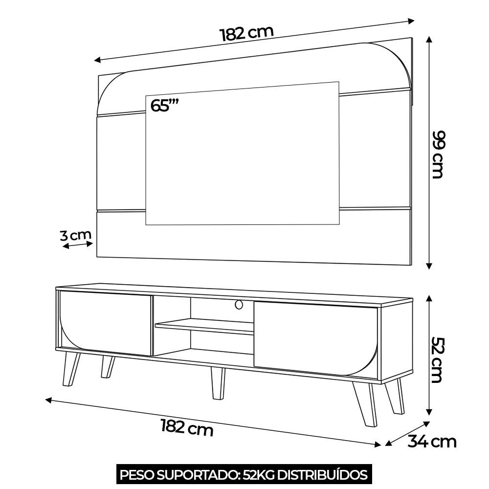 Painel TV 75 Pol 182cm e Rack Sala Retrô Aran Cinamomo Z10 - Mpozenato