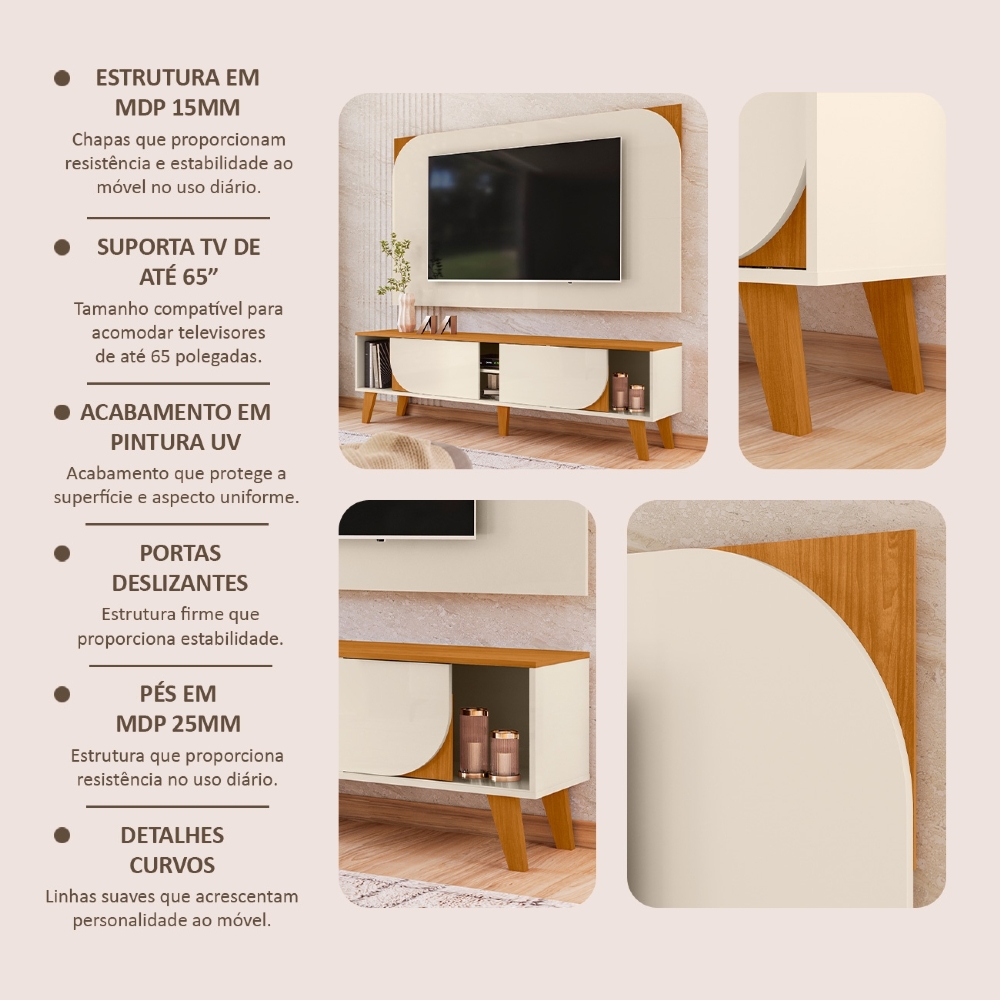 Painel TV 75 Pol 182cm e Rack Sala Retrô Aran Cinamomo/Off Z10 - Mpozenato