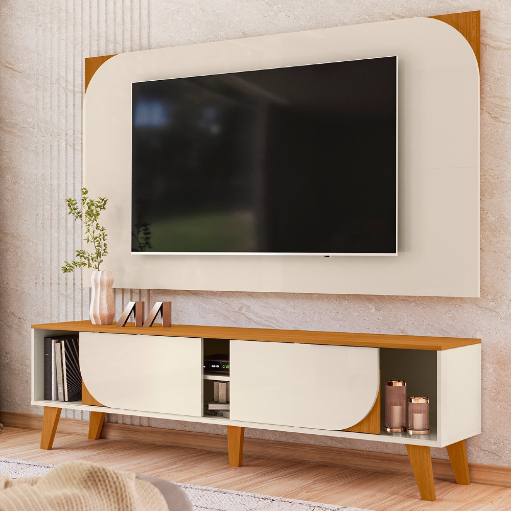 Painel TV 75 Pol 182cm e Rack Sala Retrô Aran Cinamomo/Off Z10 - Mpozenato