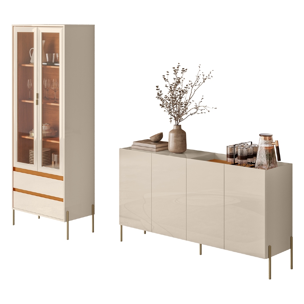 Buffet Aparador Gisa e Cristaleira Pé Metal Trevis Cinamomo/Off Z10 - Mpozenato