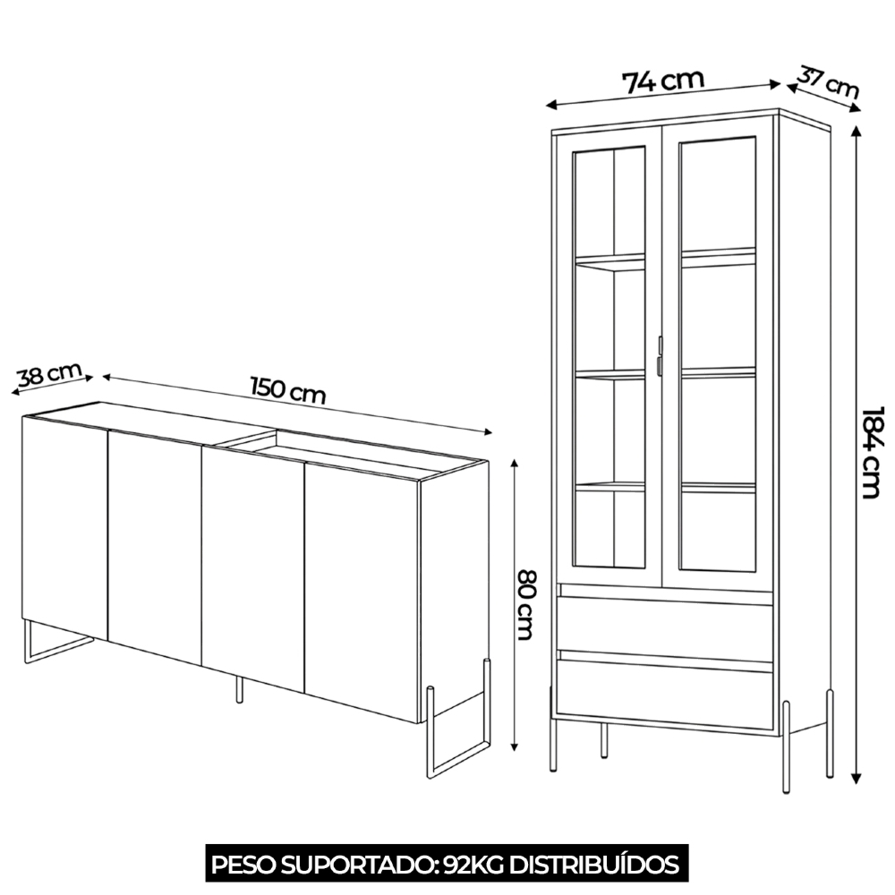 Buffet Aparador Gisa e Cristaleira Pé Metal Trevis Cinamomo/Off Z10 - Mpozenato