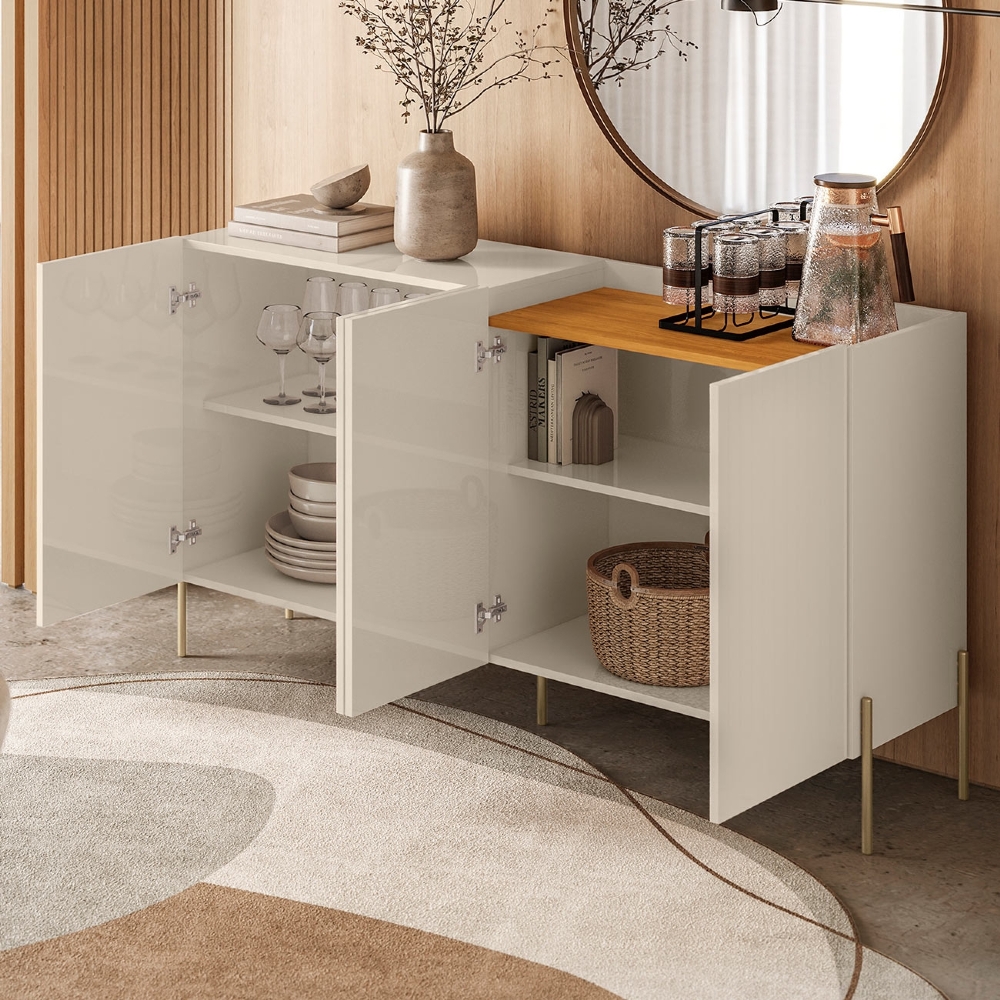 Buffet Aparador Gisa e Cristaleira Pé Metal Trevis Cinamomo/Off Z10 - Mpozenato