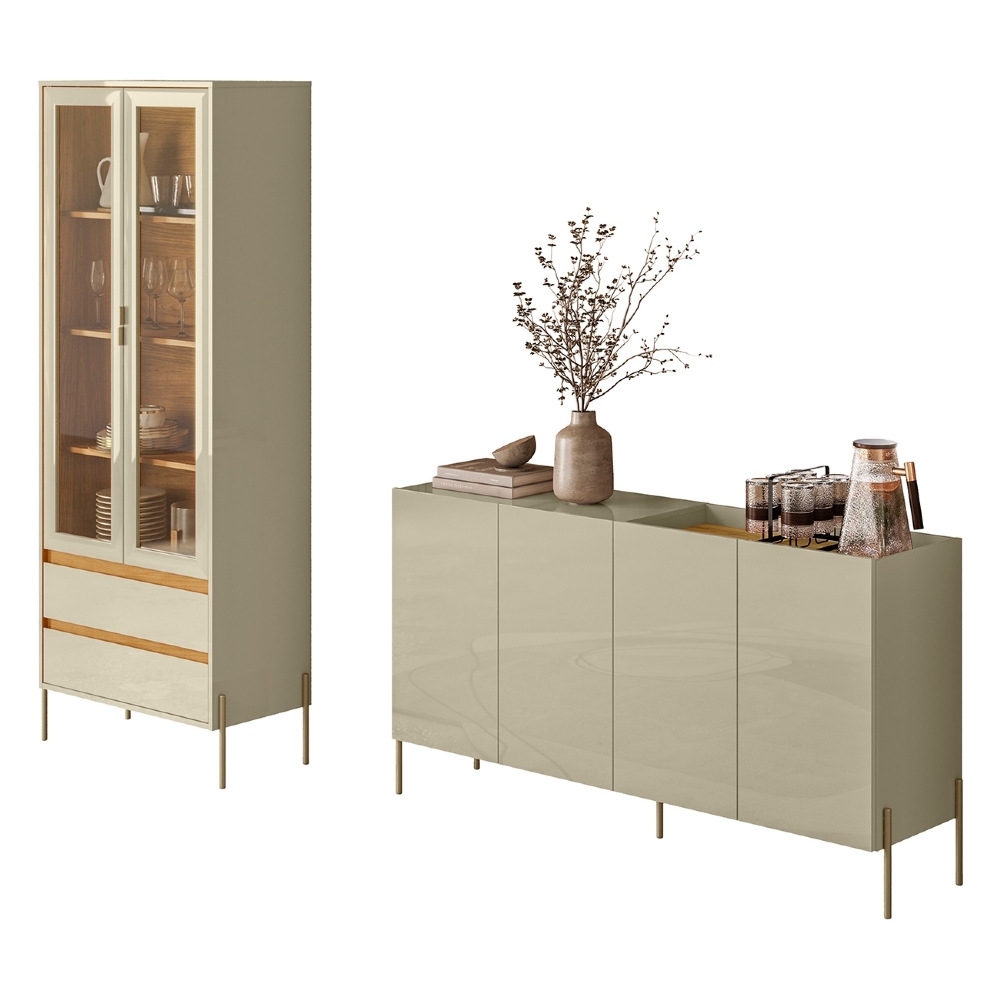 Buffet Aparador Gisa e Cristaleira Pé Metal Trevis Cumaru/Opala Z10 - Mpozenato