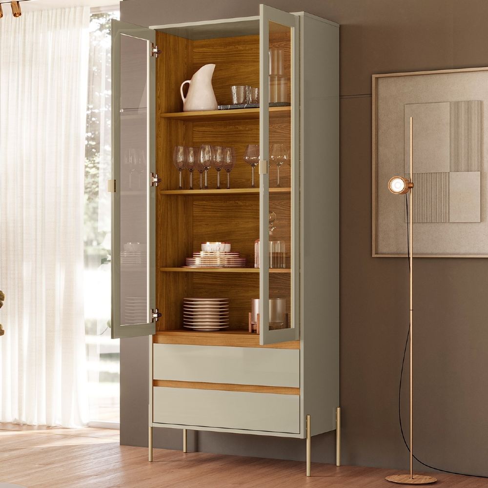 Buffet Aparador Gisa e Cristaleira Pé Metal Trevis Cumaru/Opala Z10 - Mpozenato