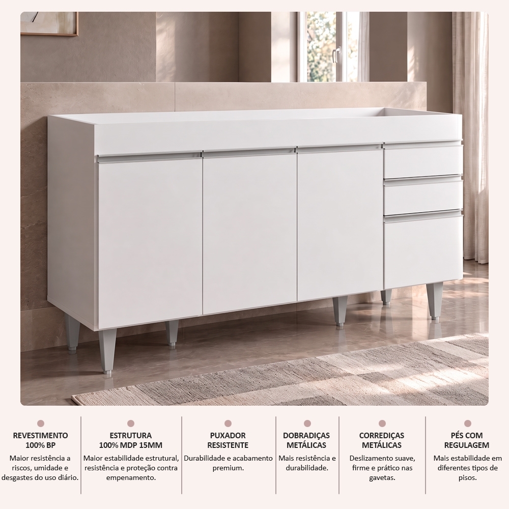Balcão Gabinete para pia sem Tampo 150cm Marrocos Branco - Lumil