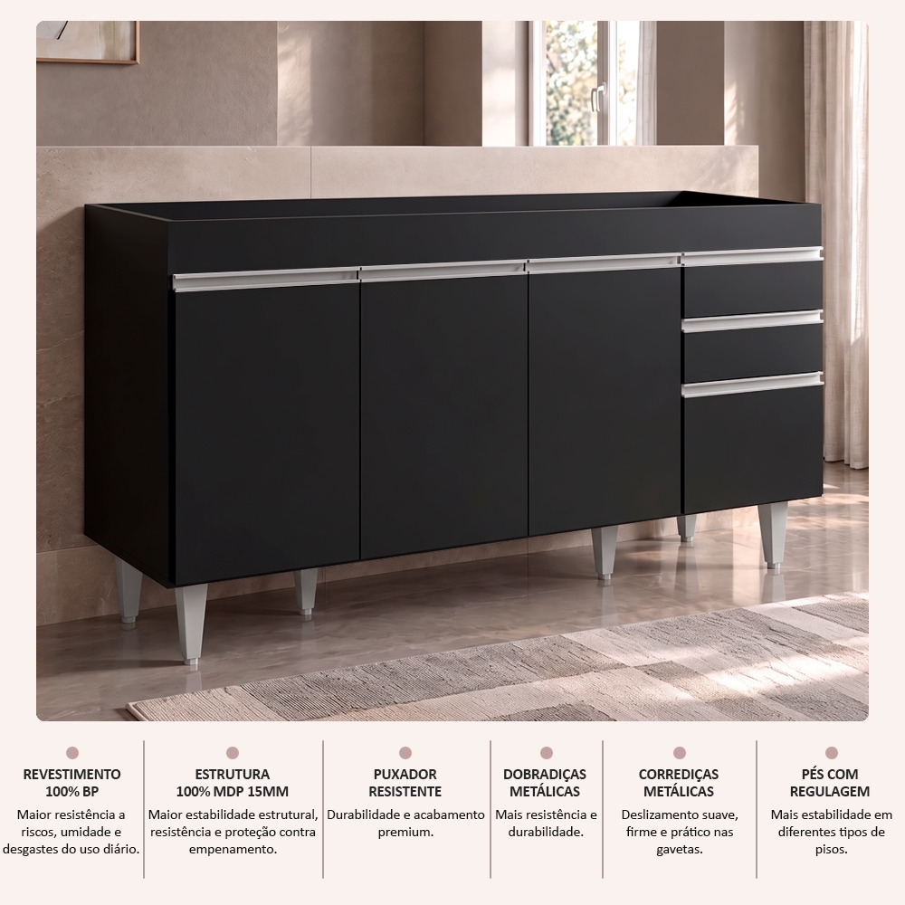 Balcão Gabinete para pia sem Tampo 150cm  Marrocos Preto - Lumil