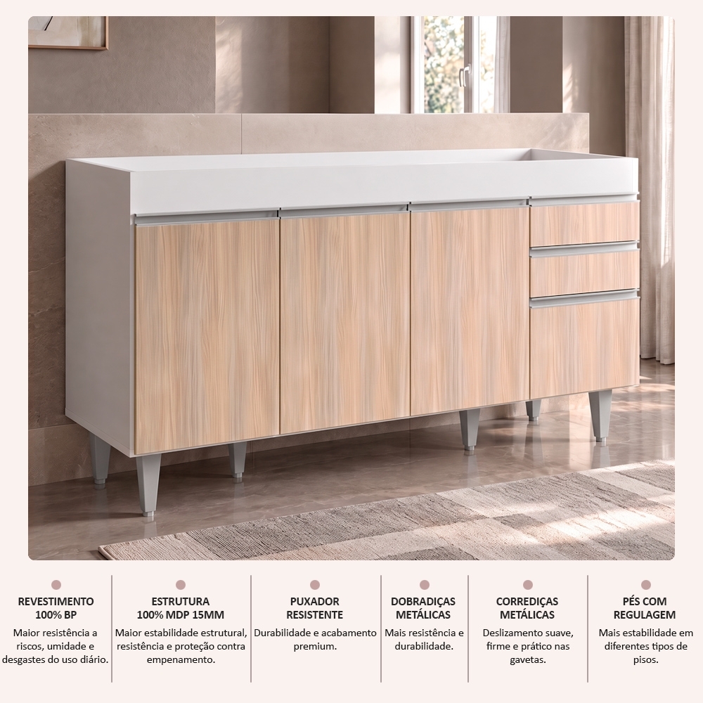 Balcão Gabinete para pia sem Tampo 150cm Marrocos Branco/Castanho  - Lumil